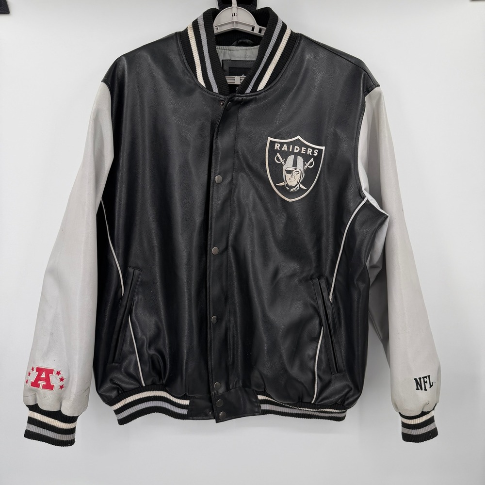 VTG NFL Oakland Raiders Faux Leather Varsity Jacket Black Grey Mens XXL Bomber